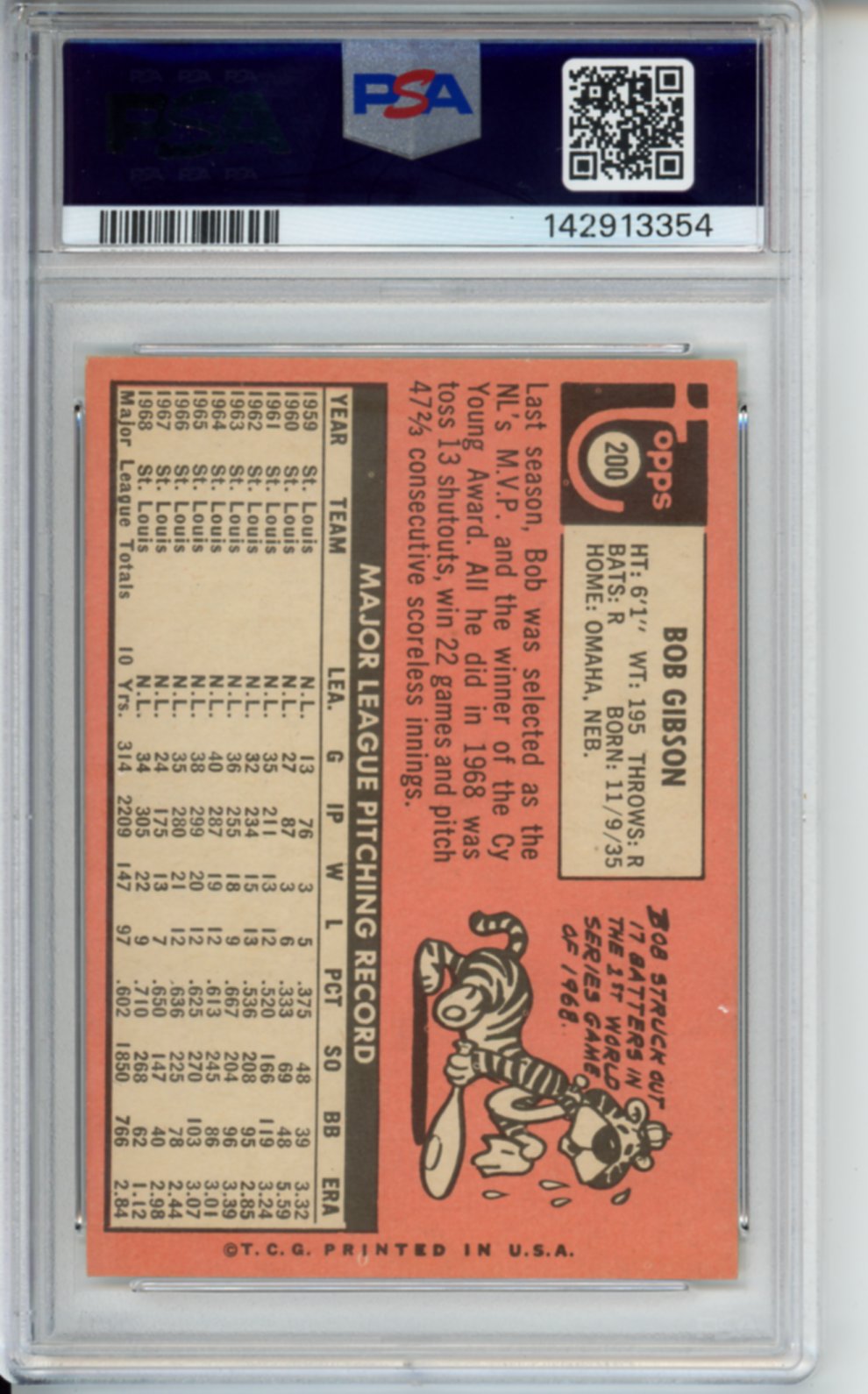 1969 Topps Bob Gibson, #200, PSA 6