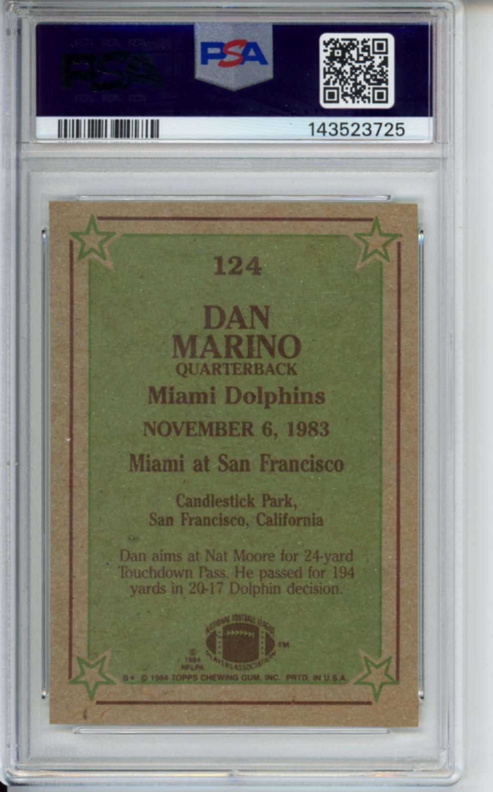 1984 Topps Dan Marino Rookie Year, #124, PSA 5