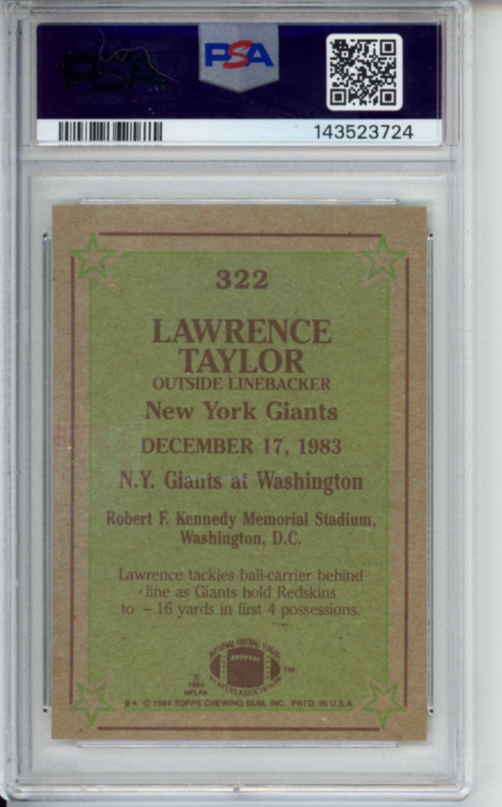 1984 Topps Lawrence Taylor, Rookie Year, #322, PSA 6