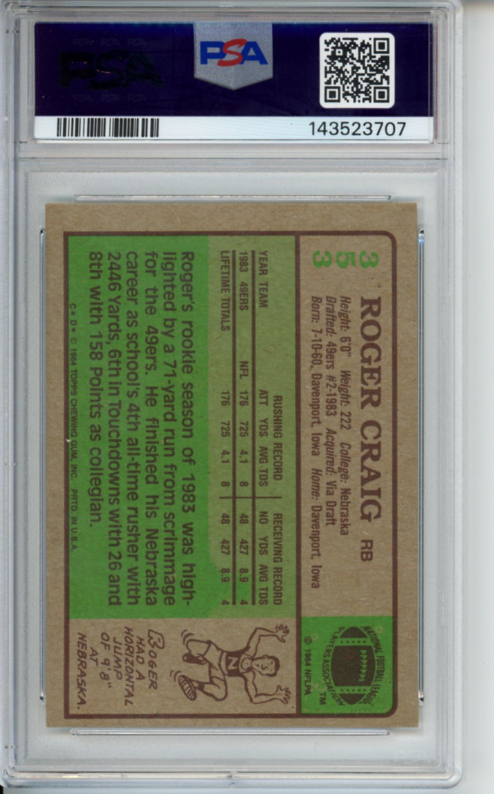 1984 Topps Roger Craig, #353, PSA 6