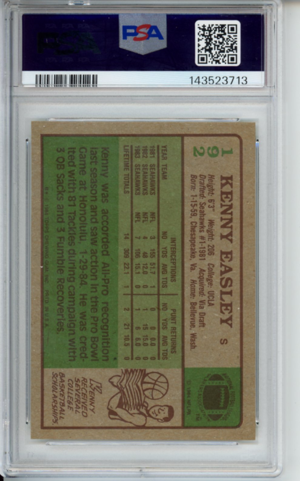 1984 Topps Kenny Easley, #192, PSA 6