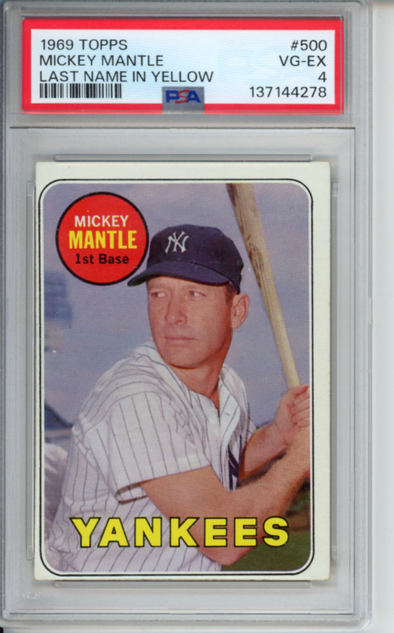 1969 Topps Mickey Mantle, Last Name in Yellow, #500, PSA 4