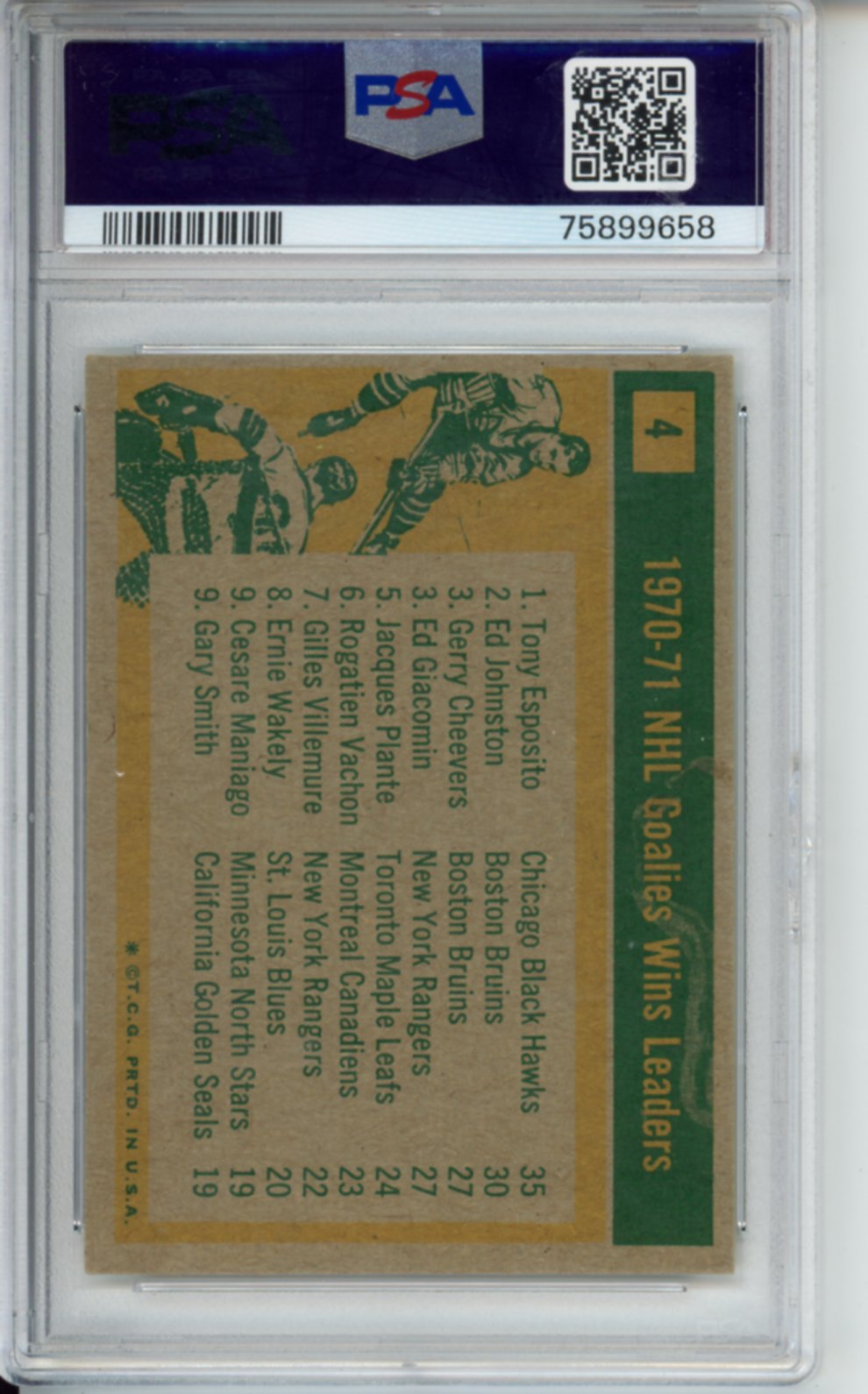1971 Topps NHL Goalies Wins Leaders, Tony Esposito, #4, PSA 4