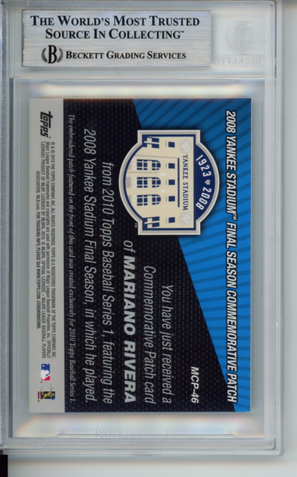 2010 Topps, 2008 Yankee Stadium Final Season Commemorative Patch, Mariano Rivera, #MCP46, BGS 7