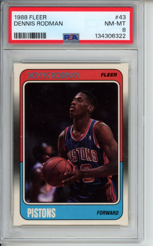 1988 Fleer, Dennis Rodman, Rookie Card, #43, PSA 8