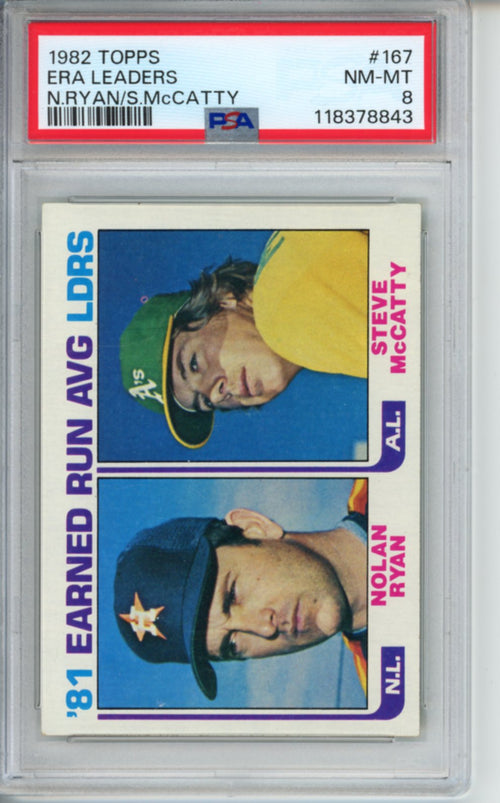 1982 Topps, ERA Leaders, Nolan Ryan and Steve McCatty, #167, PSA 8
