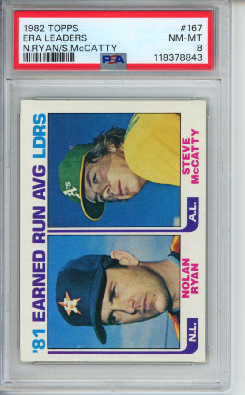 1982 Topps, ERA Leaders, Nolan Ryan and Steve McCatty, #167, PSA 8