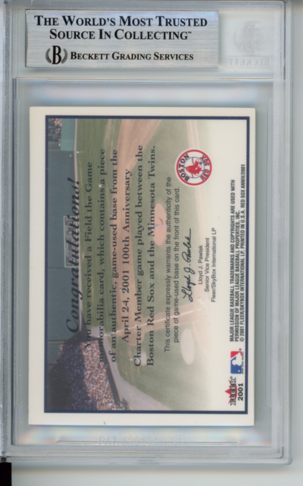 2001 Fleer, Red Sox 100th Field of the Game, Memorabilia Relic Game Used Base, #7150, BGS 7.5
