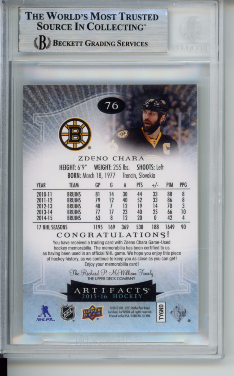 2015 Upper Deck, Artifacts, Dual Game-Used Jersey Patch, Zdeno Chara, Numbered 14/125, #76, BGS 9
