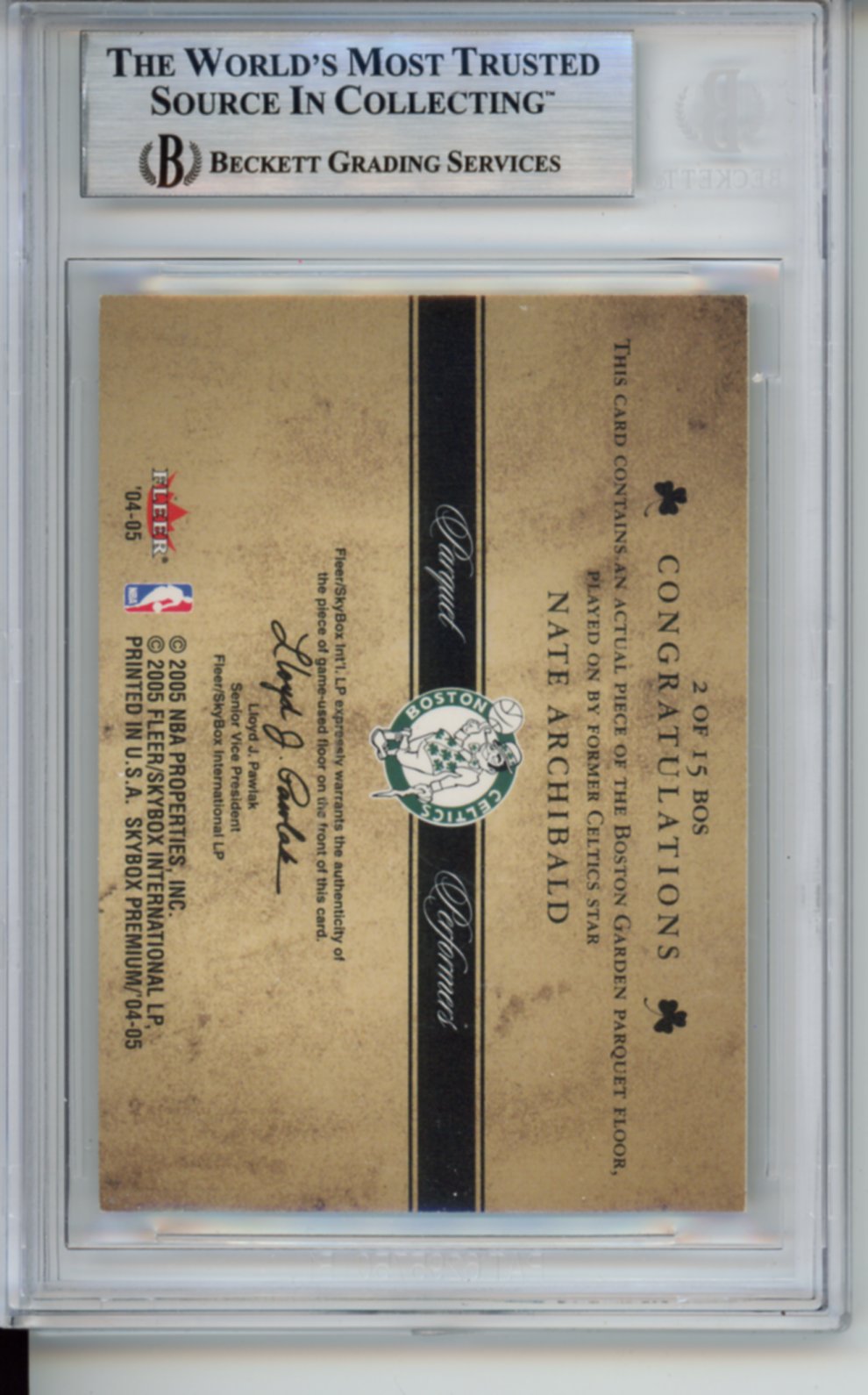 2004 Skybox Premium, Parquet Performers, Actual Played on Piece of The Boston Garden Floor, Nate Archibald, #2, BGS 9