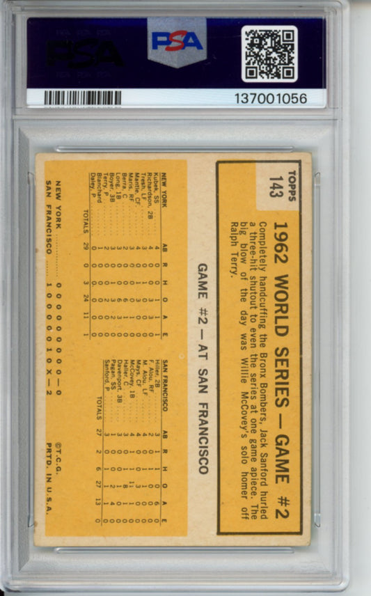1963 Topps, World Series Game 2, Sanford Flashes Shutout Magic, #143, PSA 4