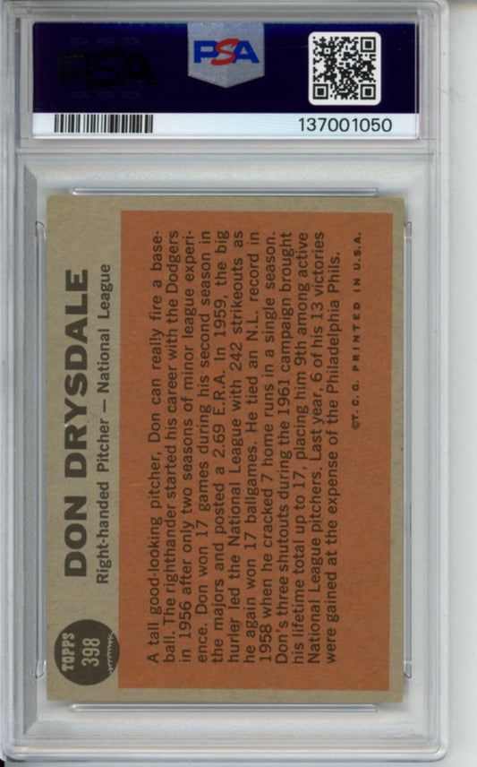 1962 Topps, All-Star, Don Drysdale, #398, PSA 4
