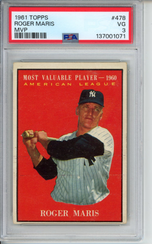 1961 Topps, MVP, Roger Maris, #478, PSA 3