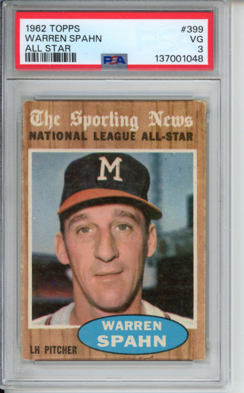 1962 Topps, All Star, Warren Spahn, #399, PSA 3