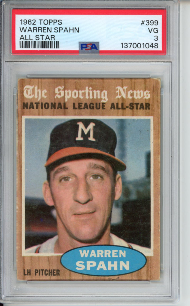 1962 Topps, All Star, Warren Spahn, #399, PSA 3