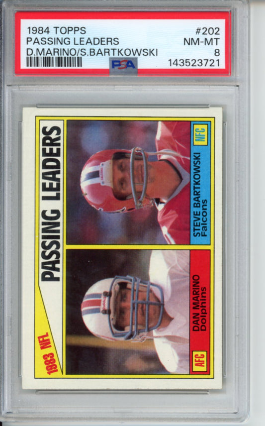 1984 Topps Passing Leaders, Dan Marino, Steve Bartkowski, #202, PSA 8