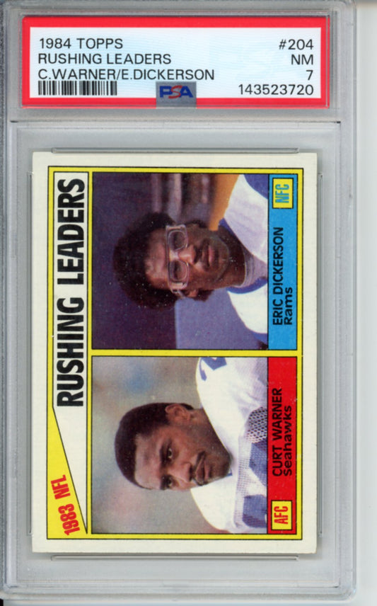 1984 Topps Curt Warner and Eric Dickerson Rushing Leaders, #204, PSA 7