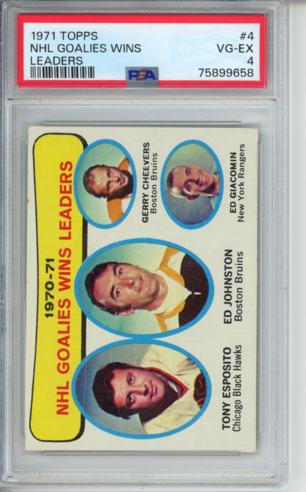 1971 Topps NHL Goalies Wins Leaders, Tony Esposito, #4, PSA 4