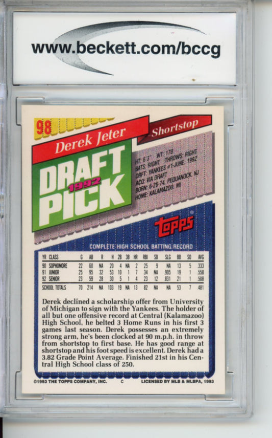 1993 Topps Derek Jeter Rookie Card, #98, BGS 9, FTS146