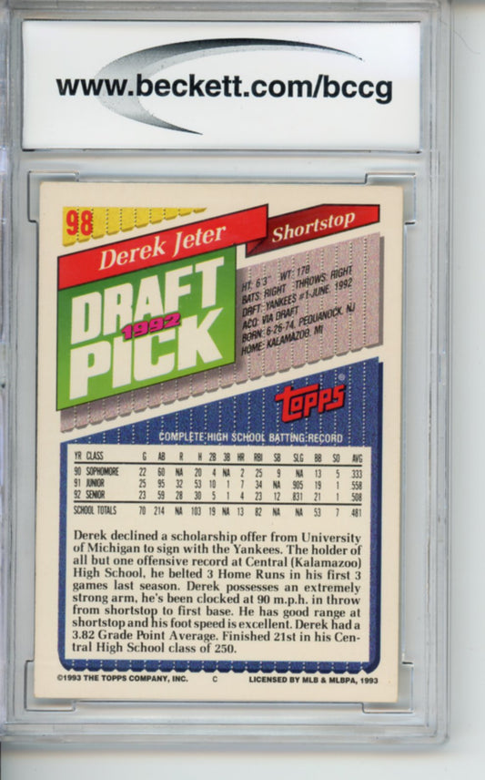 1993 Topps Derek Jeter Rookie Card, #98, BGS 9, FTS145