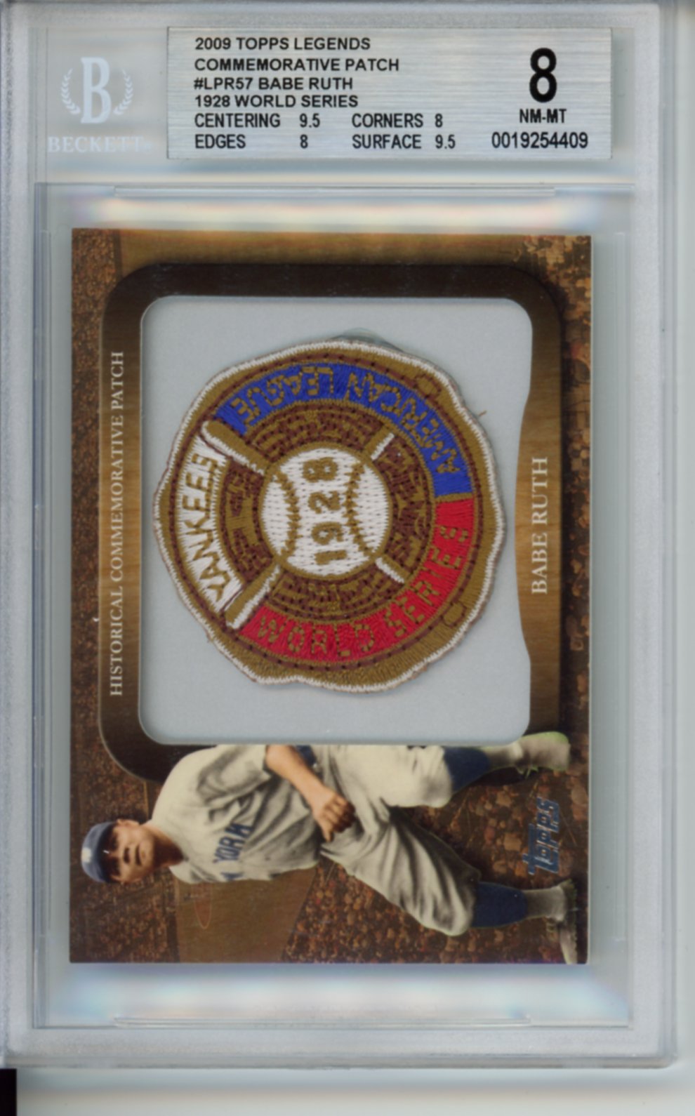 2009 Topps Legends, 1928 World Series Yankee Uniform Commemorative Patch, Babe Ruth, #LPR57, BGS 8