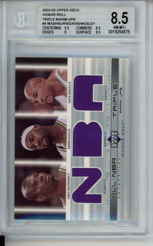 2002 Upper Deck Honor Roll, Triple Warm-ups Patches, Mashburn/Davis/Wesley, #4, BGS 8.5