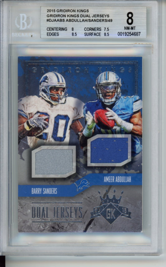 2015 Panini Gridiron Kings, Gridiron Kings Dual Jerseys Patch, Barry Sanders and Ameer Abdullah, #DJAABS, 45/49, BGS 8
