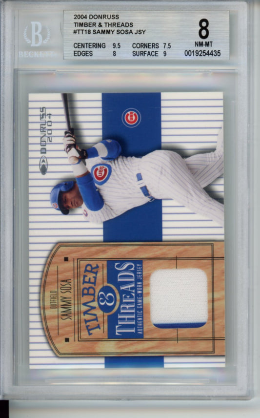 2004 Donruss, Timber & Threads, Game-Used Jersey Patch, Sammy Sosa, JSY, #TT18, BGS 8