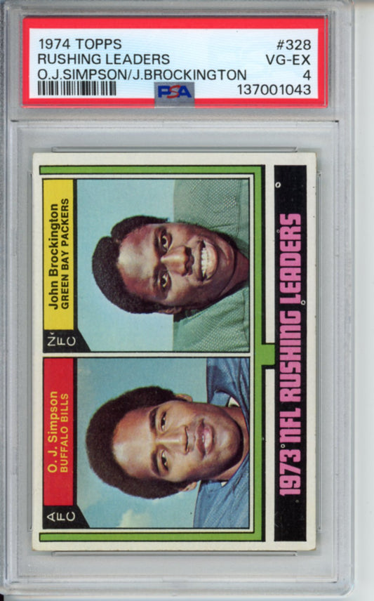 1974 Topps, Rushing Leaders, O.J. Simpson and John Brockington, #328, PSA 4