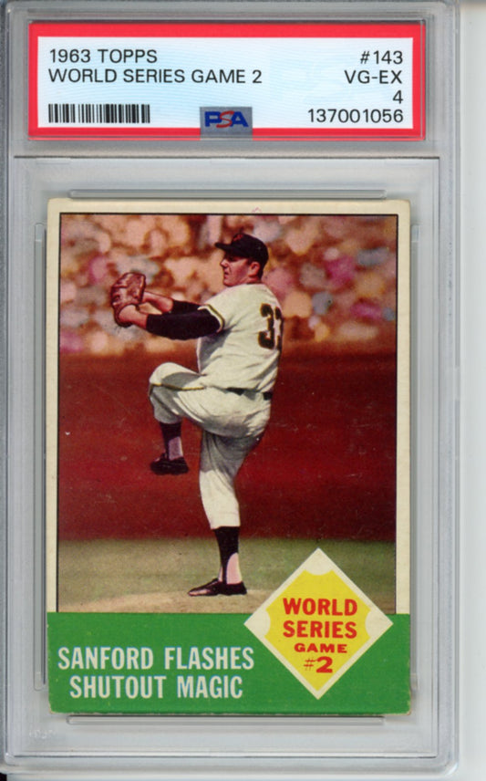 1963 Topps, World Series Game 2, Sanford Flashes Shutout Magic, #143, PSA 4