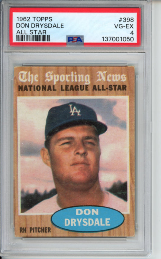 1962 Topps, All-Star, Don Drysdale, #398, PSA 4
