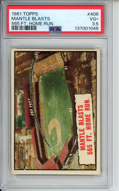 1961 Topps, Mantle Blasts 565 FT. Home Run, #406, PSA 3.5