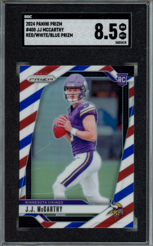 2024 Panini Prizm, Red-White-Blue Prizm, JJ McCarthy, #400, Rookie Card, SGC 8.5